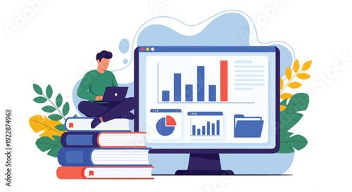 Illustration of a person sitting on stacked books with a laptop, next to a monitor displaying charts and a folder, surrounded by leaves, conveying learning and analysis.