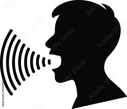 Black silhouette of man head speaking with sound waves coming from mouth for voice control communication and audio signal concept
