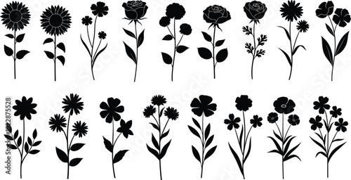 Collection of various black floral silhouettes including roses sunflowers and wildflowers isolated on white background for garden nature vector design