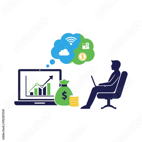 Man contemplating online business growth with laptop money and cloud computing