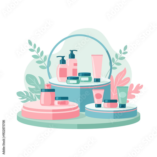 Colorful display of skincare products arranged on decorative platforms