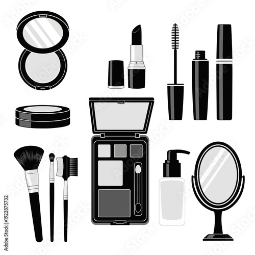 Collection of black and white cosmetic products and makeup tools