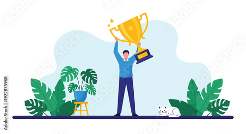 A person stands joyfully holding a large, golden trophy overhead. Surrounding them are lush green plants, a small blue table, and a relaxed white cat.