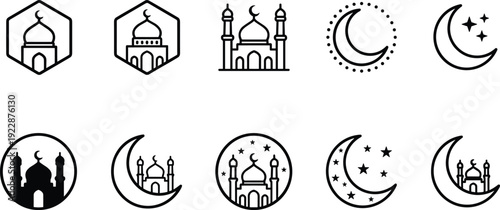Islamic mosque crescent moon icon set, Ramadan Kareem symbols, line art vector, minimal religious illustration collection design for stock download