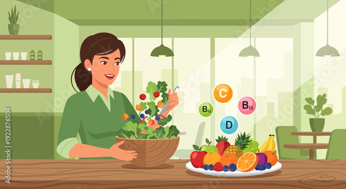 Woman preparing healthy salad with fresh fruits and vegetables.