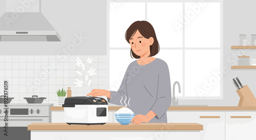 Woman serving freshly cooked rice from a rice cooker.