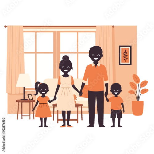 A family of five stands together in a warmly lit living room