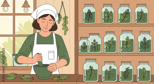 Woman preparing herbal remedies with mortar and pestle.