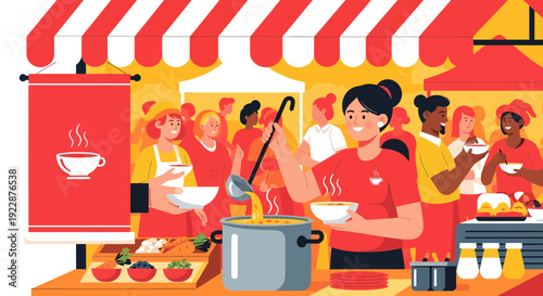 Woman serving soup at a vibrant outdoor food festival.