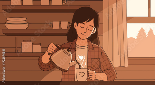 Young woman pouring hot beverage into a mug with a heart design.