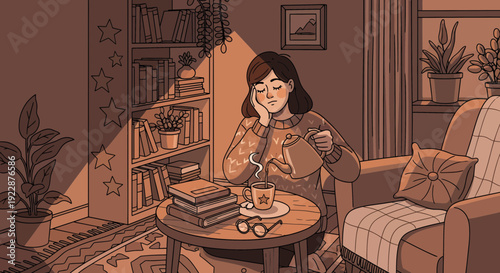 Young woman pouring tea into a cup enjoying a quiet moment of relaxation.