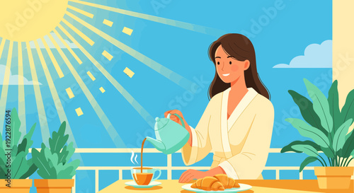 Young woman pouring tea into a cup on a sunny morning.