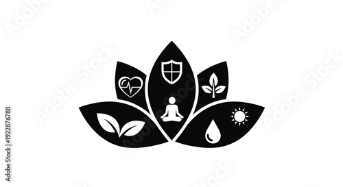 Black lotus flower symbol with heart shield and meditation icons