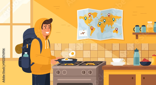 Happy male traveler cooking breakfast in a kitchen.