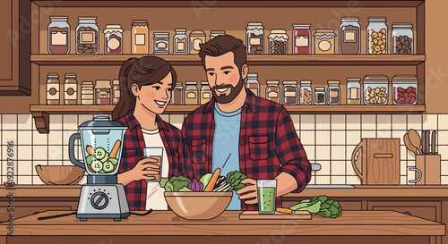 Happy couple preparing healthy green smoothies in their kitchen.