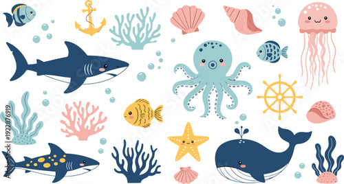 Cute Underwater Sea Animals Collection with Shark Octopus and Whale Vector