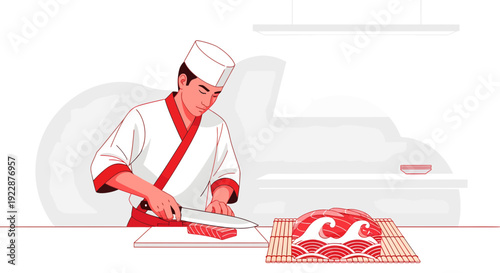 Japanese sushi chef meticulously slicing fresh tuna for traditional sushi preparation.