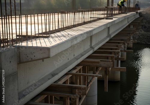 Bridge construction scene featuring rebar and fresh concrete infrastructure