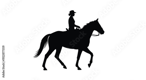 Silhouette of a horseback rider against a plain white background