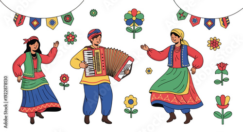 Illustration of people in traditional clothing celebrating International Romani Day with colorful decorations and flowers.