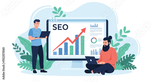 Illustration of two people with laptops analyzing a large screen showing an upward-trending SEO graph, surrounded by green leaves, conveying growth.