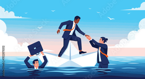 Illustration of three men in suits in water. One climbs a paper boat with assistance, while another holds a briefcase. Scene conveys teamwork.