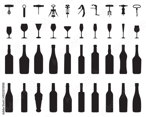 Black silhouettes of bowls, bottles, glasses and corkscrews