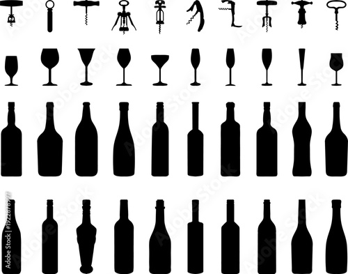 Black silhouettes of bowls, bottles, glasses and corkscrews