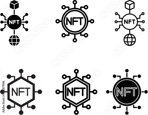 Collection of six black and white NFT icons illustrating blockchain technology and digital assets.