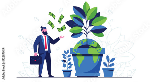 Businessman with a briefcase gestures toward a globe-shaped pot sprouting a tall plant. Dollar bills float around, symbolizing growth and investment.