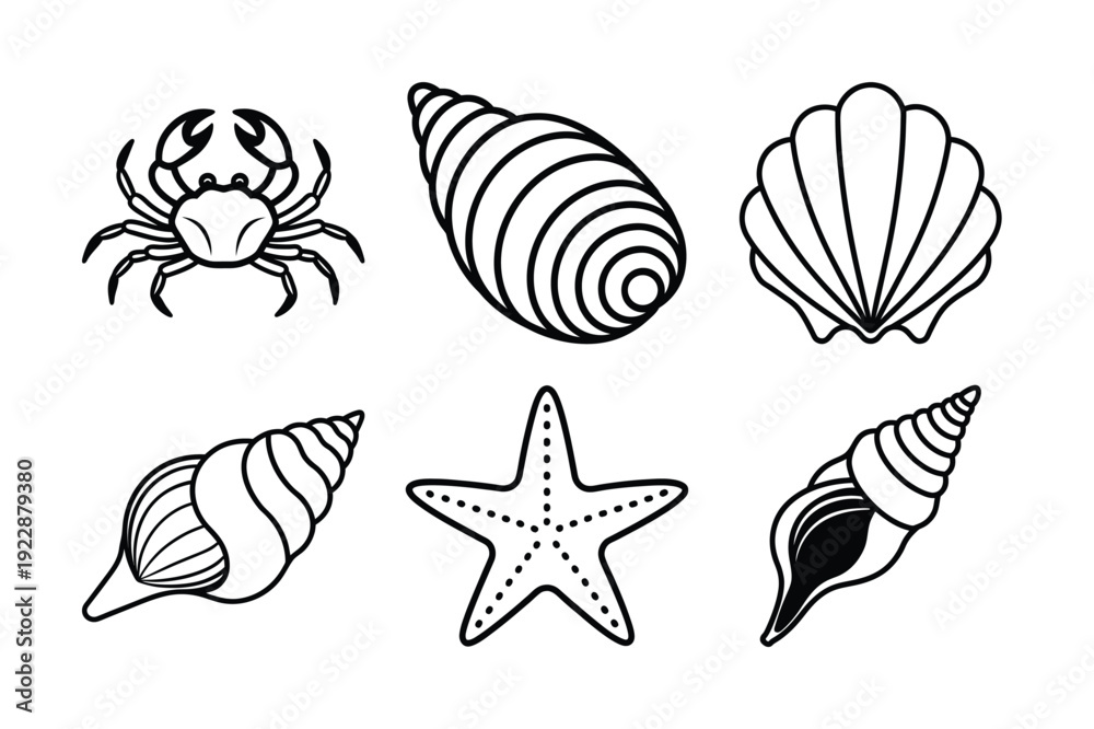 Fototapeta premium Minimalist Line Art Icon Set of Sea Life and Shells Including Crab, Starfish, and Seashells - Scalable and Editable Vector Illustration 