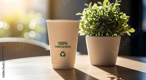 Compostable Bioplastic Coffee Cup in Modern Cafe Setting