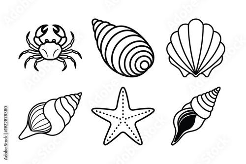 Minimalist Line Art Icon Set of Sea Life and Shells Including Crab, Starfish, and Seashells - Scalable and Editable Vector Illustration
