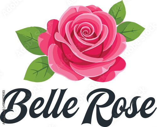 Elegant pink rose flower logo with green leaves and belle rose text on a white background