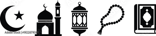 Islamic religious icon set crescent mosque lantern tasbih Quran vector illustration Muslim Ramadan symbol isolated collection design element
