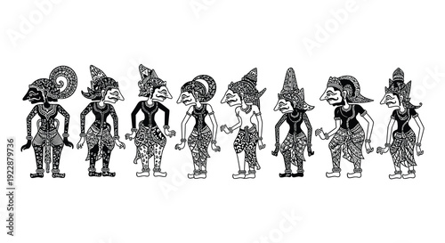 A row of traditional wayang kulit shadow puppets against a white background