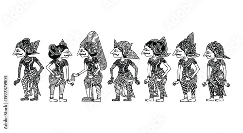 A row of traditional wayang kulit shadow puppets against a white background