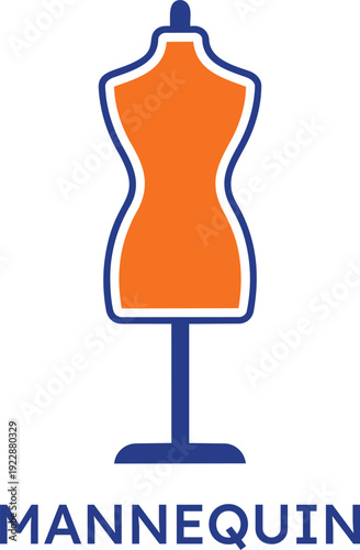 A professional orange and blue dressmaker mannequin icon on a stand isolated on white background perfect for fashion design tailoring sewing and boutique retail clothing store branding