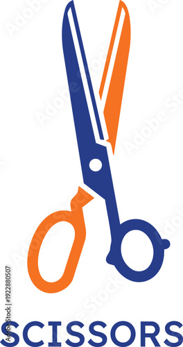 Professional blue and orange scissors icon featuring sharp blades and ergonomic handles for tailoring dressmaking sewing crafts office supplies and barber hair cutting tool design