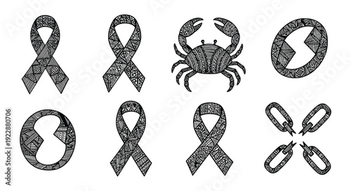 Black and white illustrations depicting cancer awareness symbols and a crab