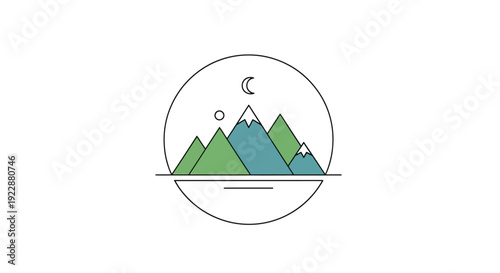 Serene mountain landscape with crescent moon and sun