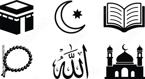 Islamic religious icon set Kaaba crescent Quran Allah mosque tasbih vector illustration Muslim symbol collection isolated design element