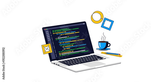 Modern laptop with coding interface and office supplies