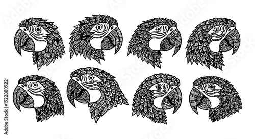 Eight monochromatic parrot head illustrations in a repeating pattern