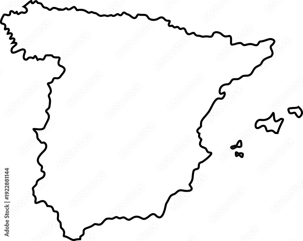 Fototapeta premium Outline map of the Iberian Peninsula showing the country of Spain and its islands, perfect for travel, geography, and educational purposes