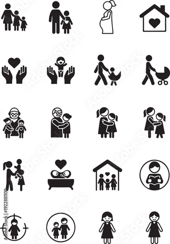 Family Care & Parenthood Solid Black Icon Set.