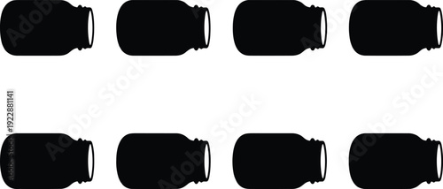 Aluminum can silhouette collection featuring blank beverage soda tins in side view isolated on white background, packaging mockup illustration set for branding design projects.