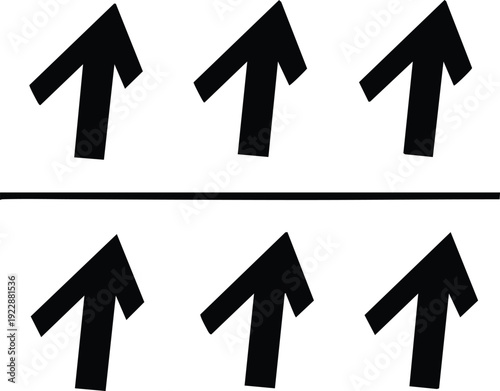 Six black arrows pointing upwards arranged in two rows on a white background with a dividing line