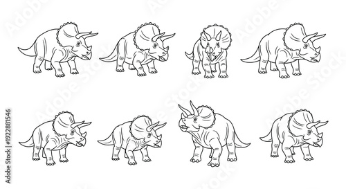 A collection of triceratops dinosaurs in a simple line art style