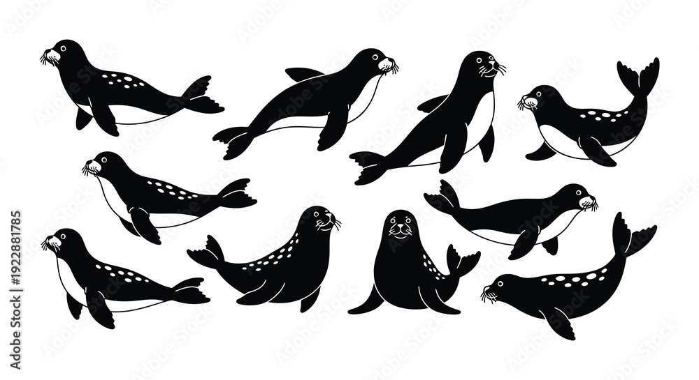 Obraz premium A collection of black silhouette seals playfully swimming in a group